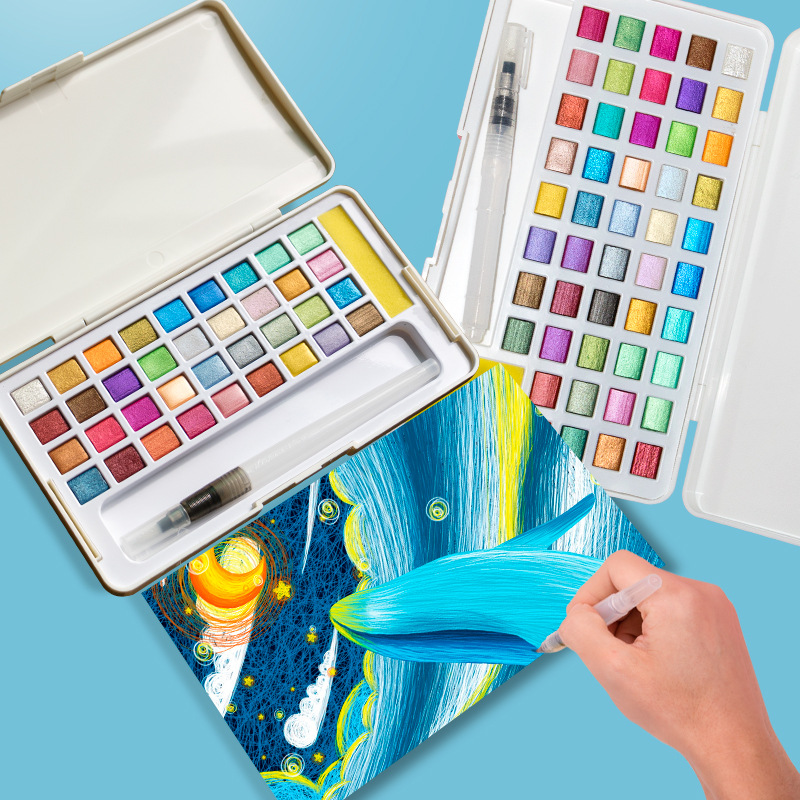 Watercolor Paint Set Solid Pigment - Zestaw farb akwarelowych w kostkach, brokatowe