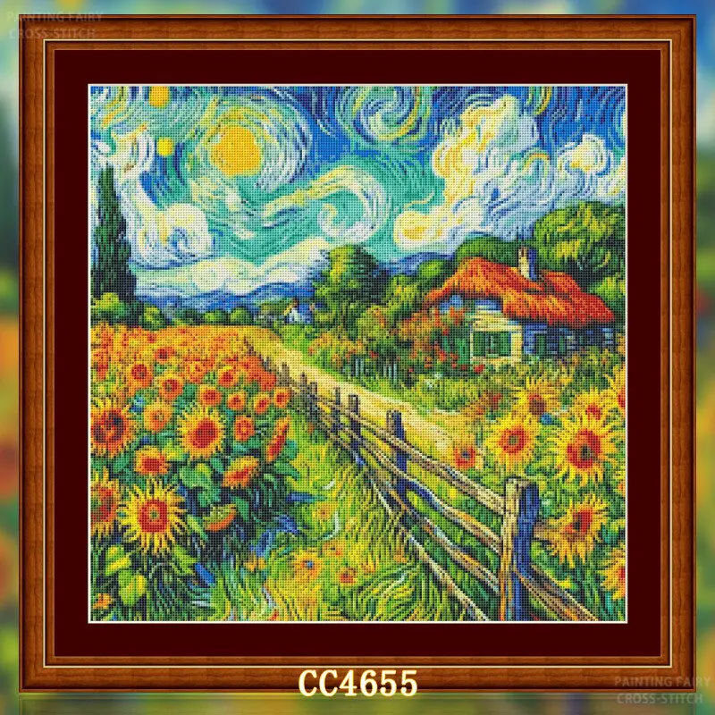 Cross Stitch Stamped Kits Beginners - [[CC4656-Seria Van Gogh Farma Słoneczników] Zestaw